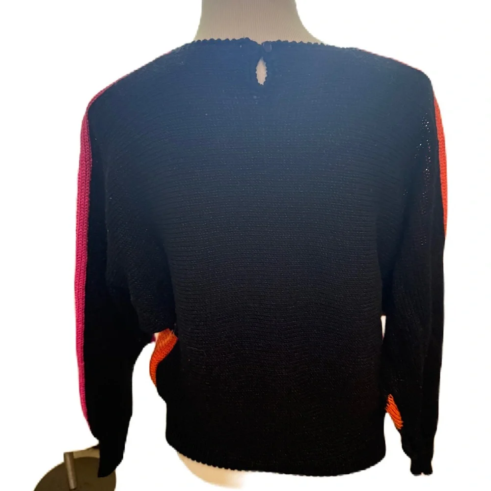 Vintage Fressange Women’s Black Orange Hot Pink Sweater With Black Bead Accents